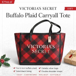 NWT Victoria’s Secret Red Black Buffalo Plaid Large Carryall Tote